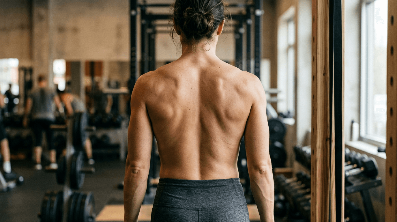 Dos musclé vu de dos dans une salle de sport, épaules dénudées