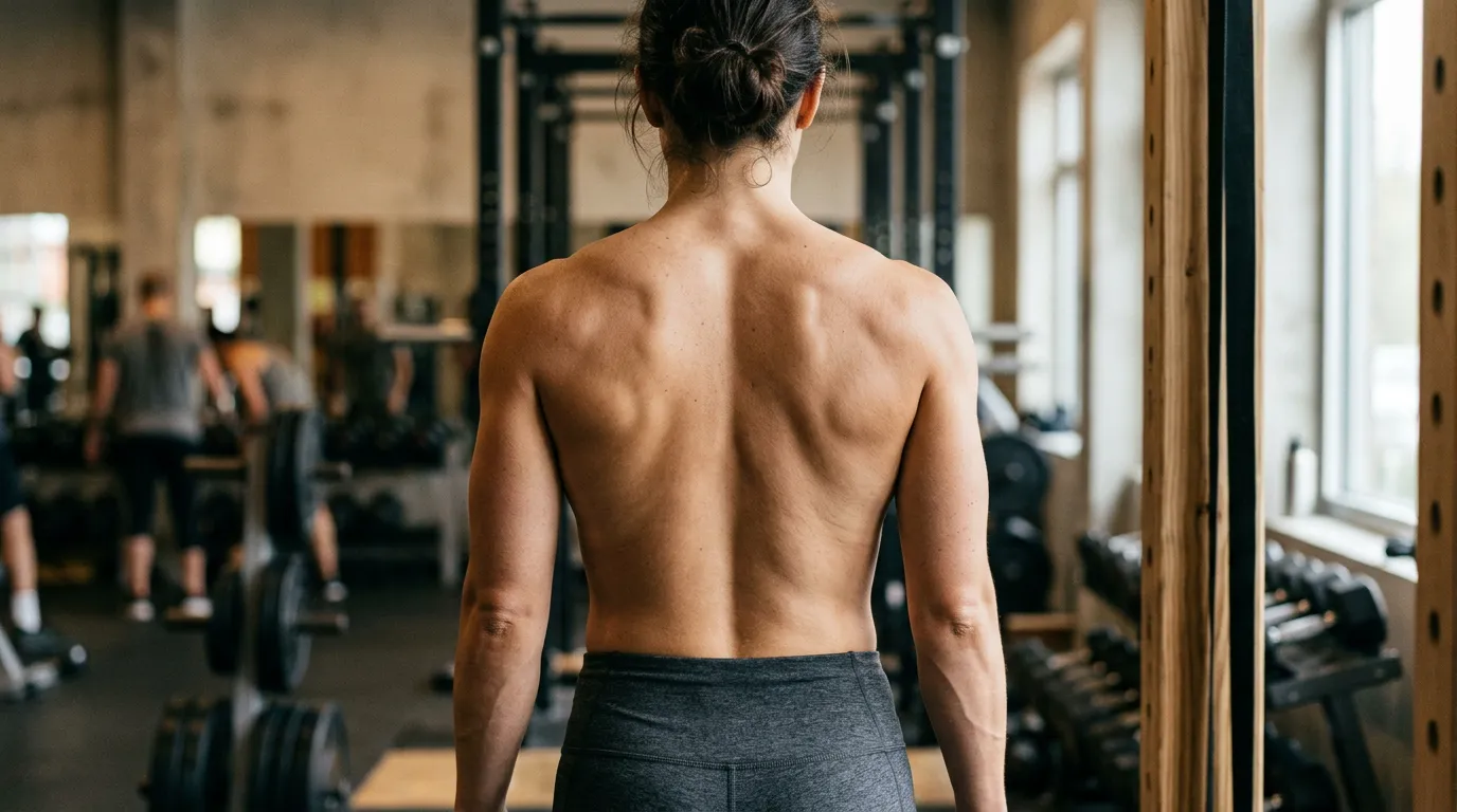Muscular back seen from behind in a gym, shoulders bare