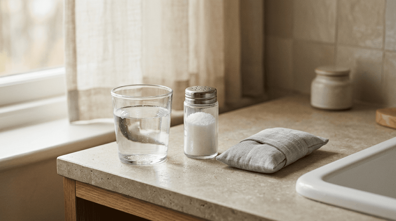 Verre d'eau, salière et compresse froide sur un plan de travail