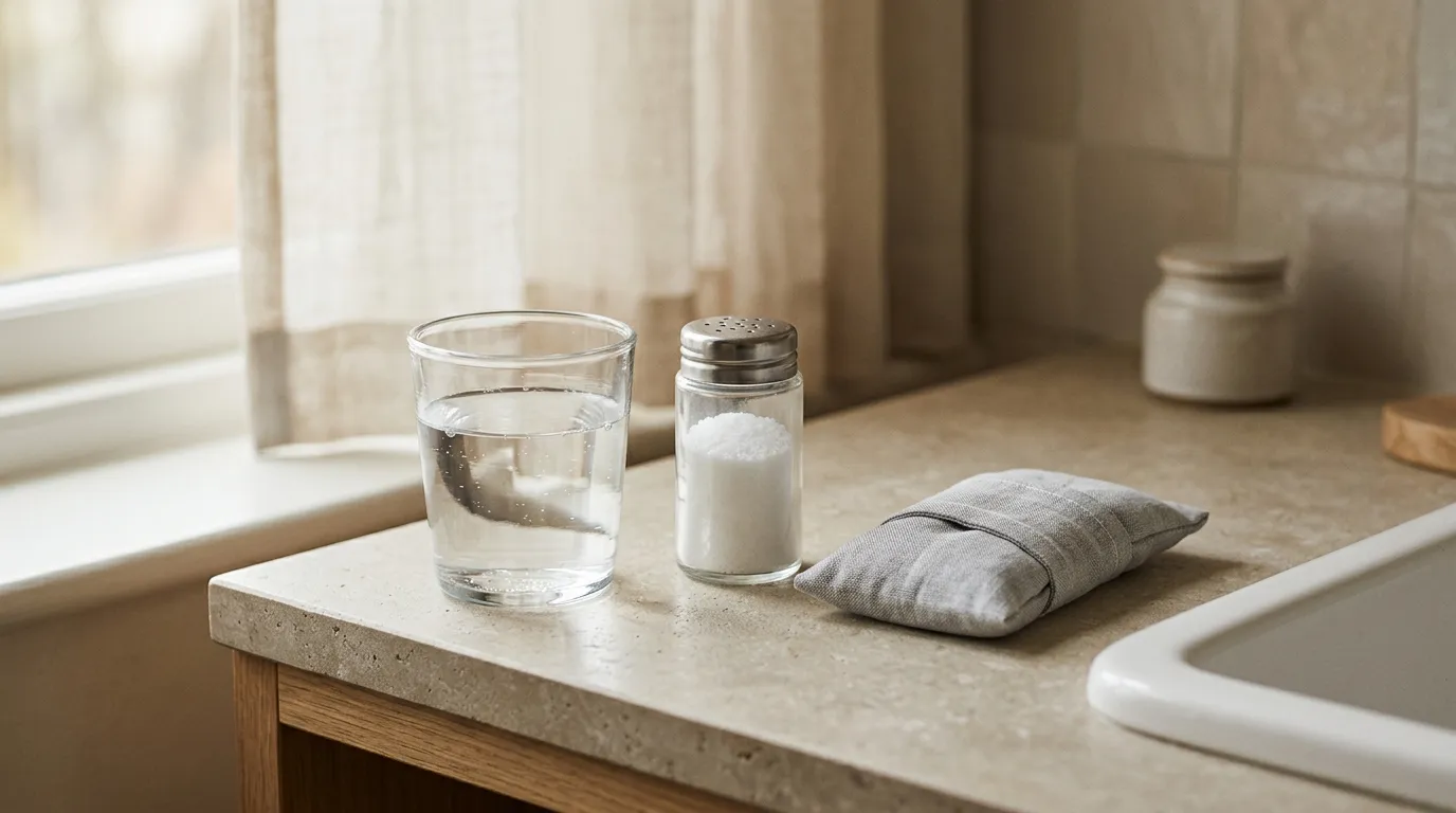 Glass of water, salt shaker and cold compress on a counter