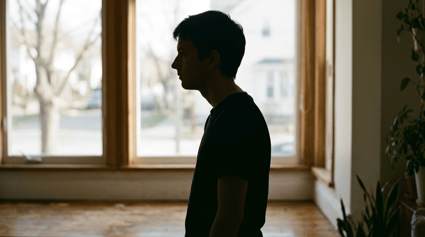 Silhouette de profil debout devant une fenêtre, tête penchée en avant