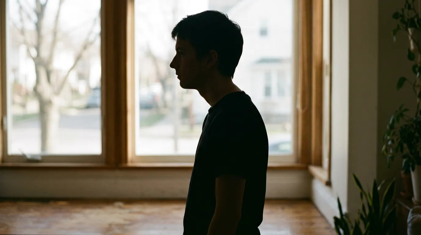 Person standing in profile by a window, head tilted forward