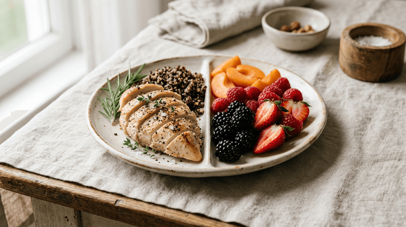 Assiette avec poulet grillé, quinoa et fruits rouges, séparés par compartiment