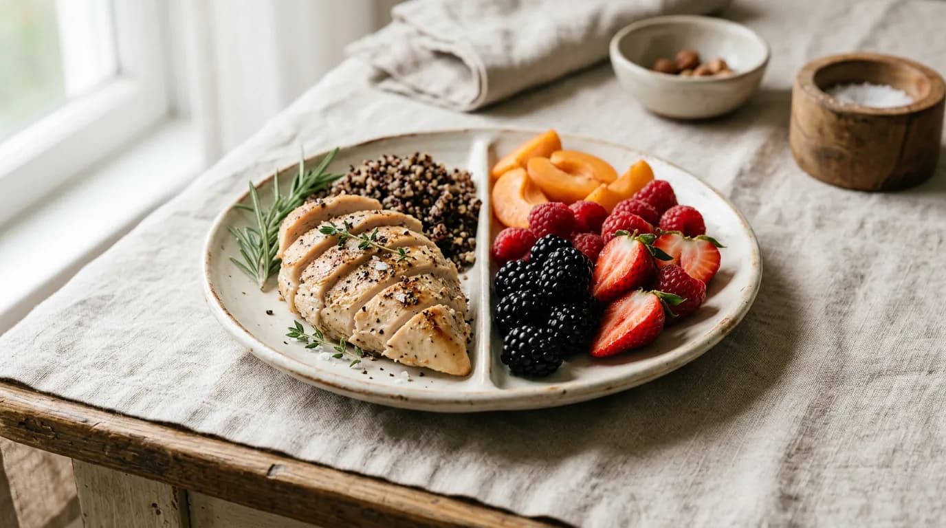 Plate of grilled chicken, quinoa and red berries kept in separate compartments