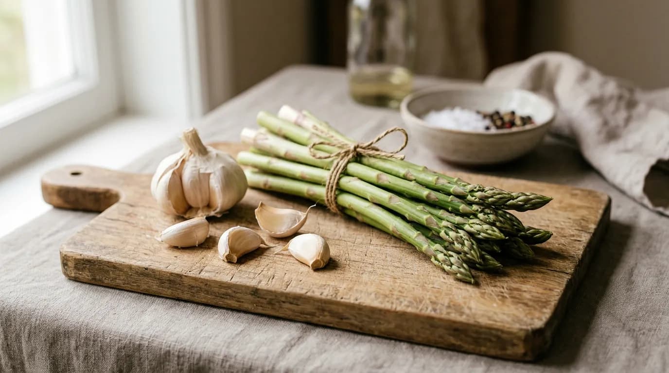 Bowl of cruciferous vegetables and garlic cloves on a cutting board
