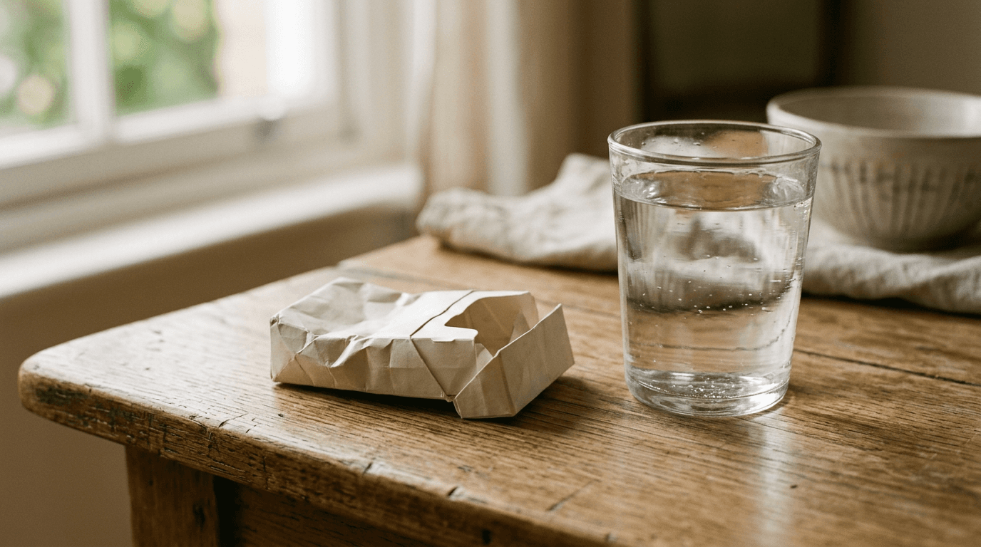 Emballage en papier kraft à côté d'un verre d'eau sur une table