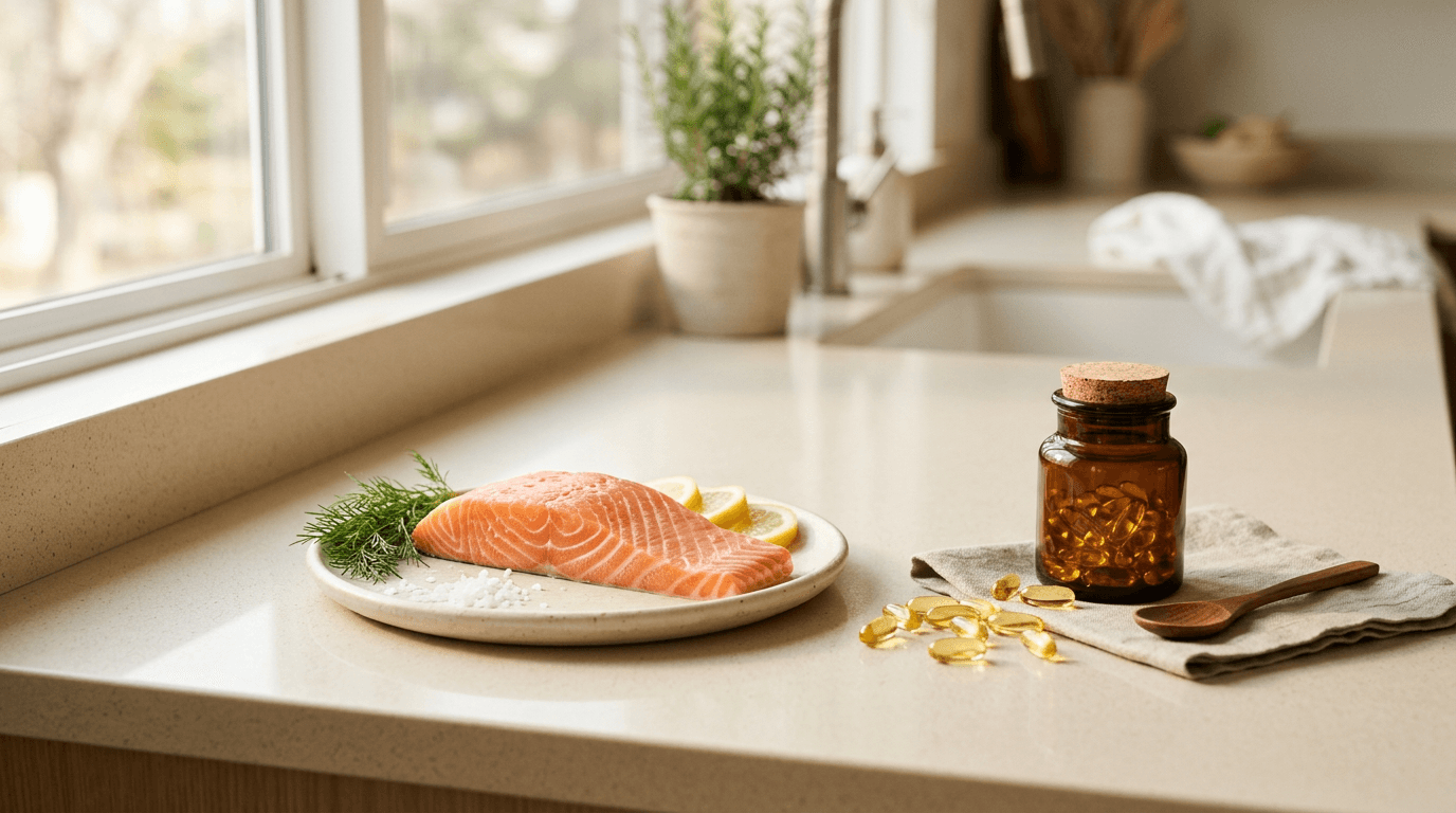Filet de saumon cru à côté de gélules d'oméga-3 en cuisine