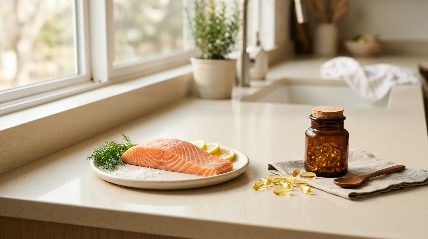 Raw salmon fillet next to omega-3 capsules in a kitchen