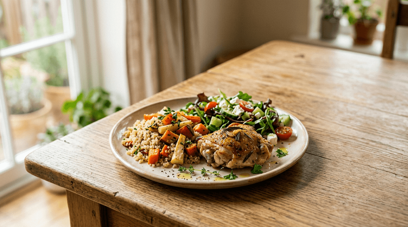 Assiette de poulet rôti, quinoa et salade sur une table en bois