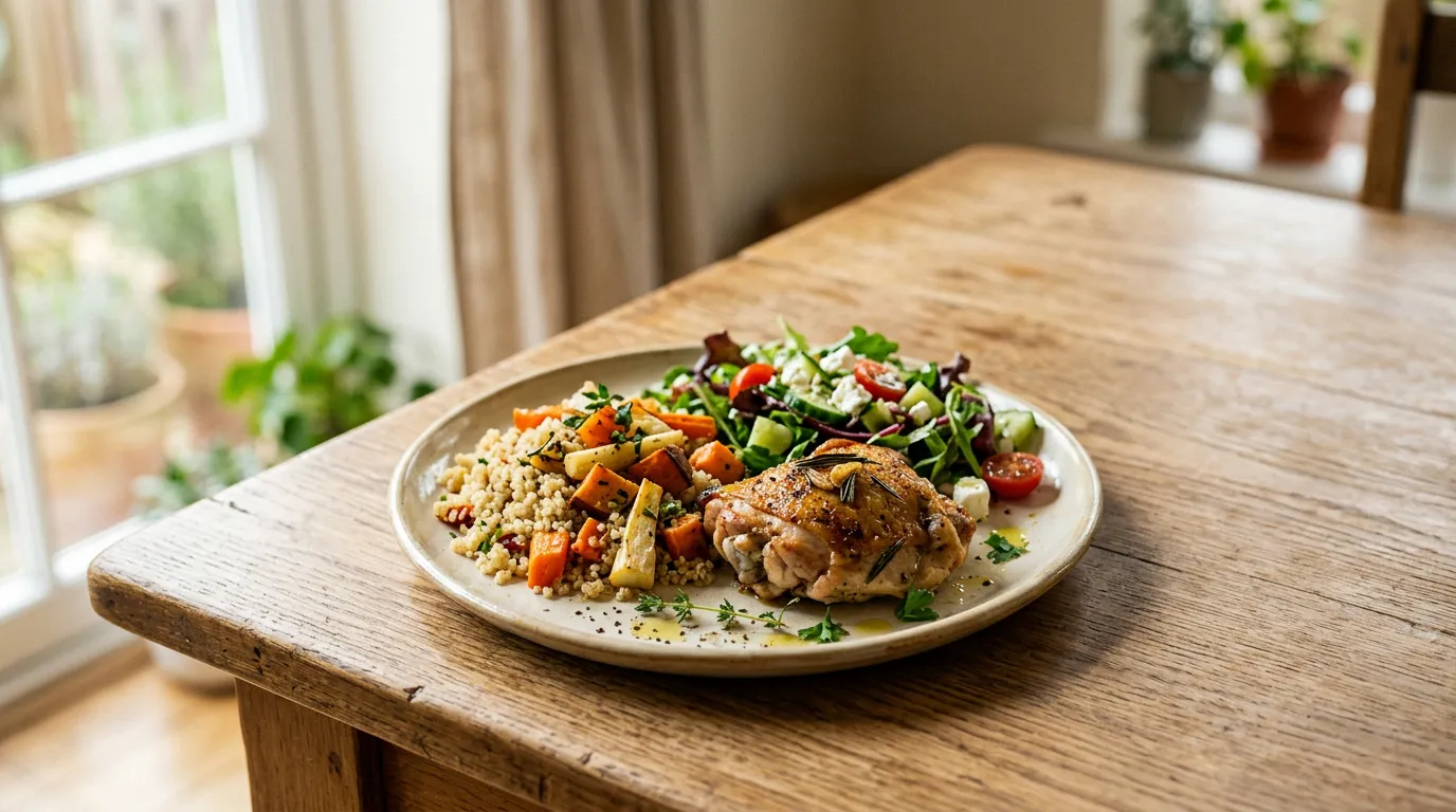 Plate of roast chicken, quinoa and salad on a wooden table
