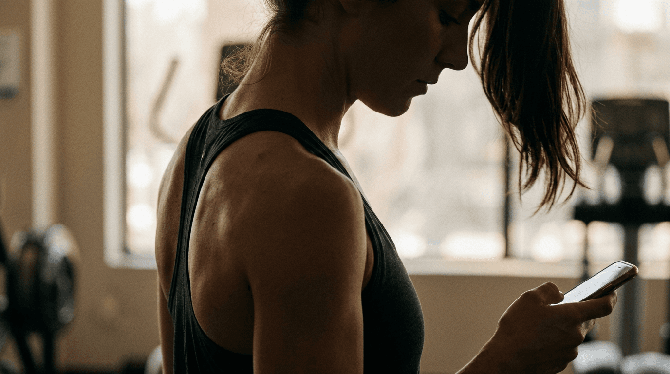 Femme silhouettée regardant son smartphone, tête penchée en avant, en salle de sport