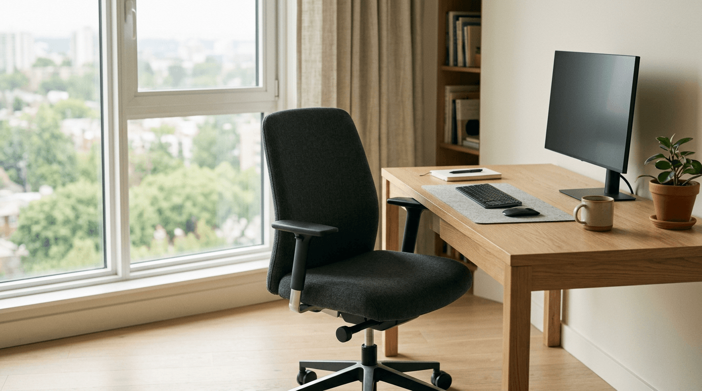 Chaise de bureau vide devant un poste de travail dans une pièce lumineuse