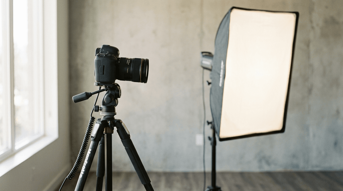 Appareil photo sur trépied avec softbox lumineuse en studio