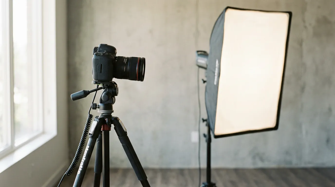 Camera on a tripod with a lit softbox in a studio
