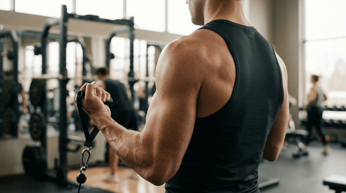 Dos musclé tirant une poulie à câble en salle de sport