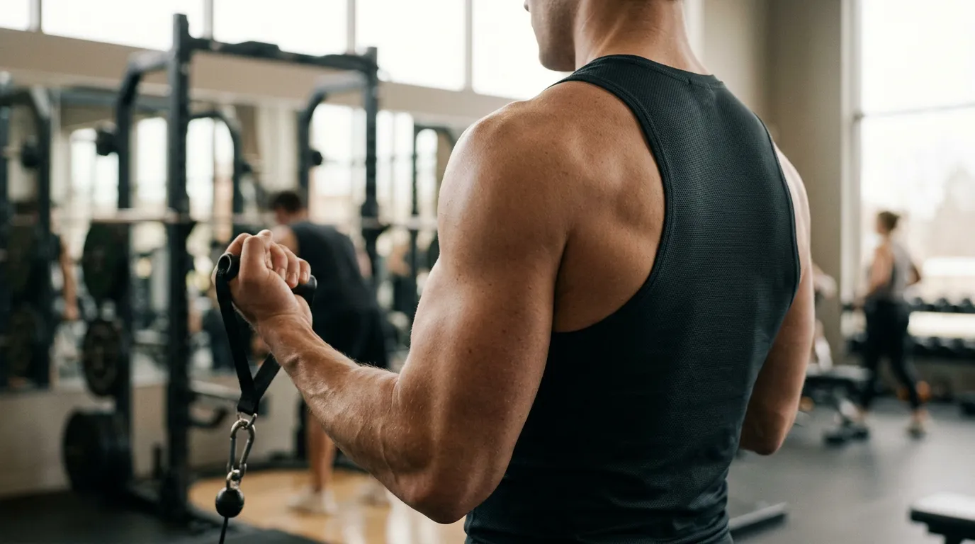 Muscular back pulling a cable machine in a gym