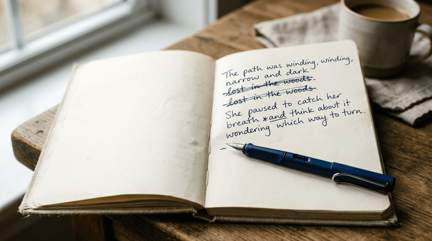 Carnet manuscrit avec phrases raturées et réécrites, stylo à plume à côté