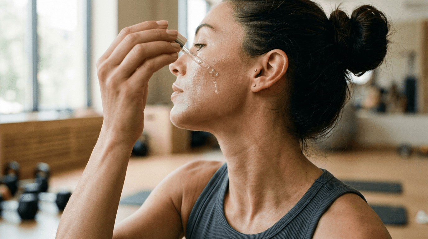 Femme appliquant un sérum au compte-gouttes sur son visage, en salle de sport