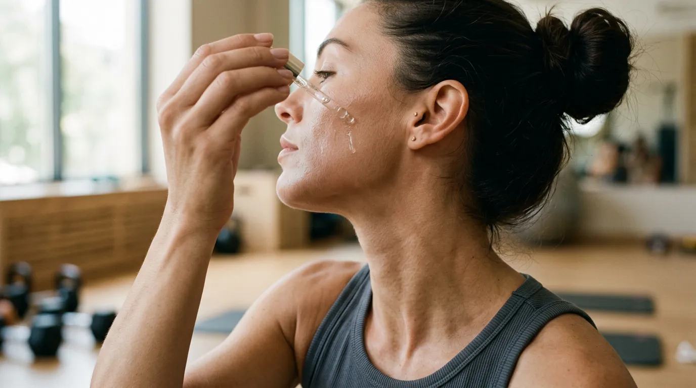 Woman applying a dropper serum to her face in a gym