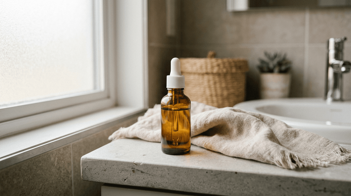 Flacon de sérum ambré posé sur une serviette en lin, salle de bain