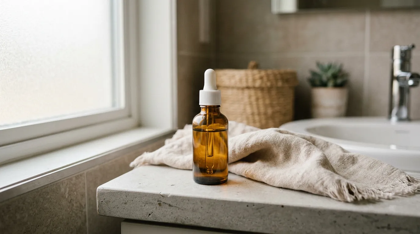Cotton swab and bottle of ear drops on a sink