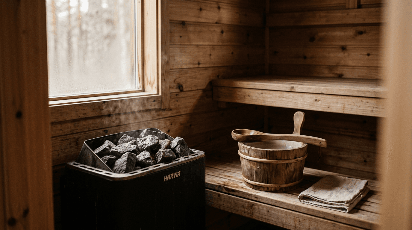 Intérieur de sauna en bois avec pierres chauffées et seau en bois