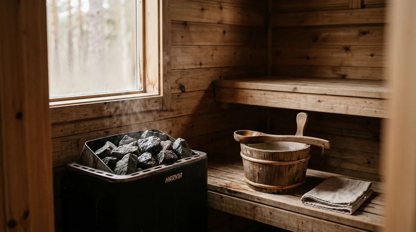 Wooden sauna interior with heated stones and a wooden bucket