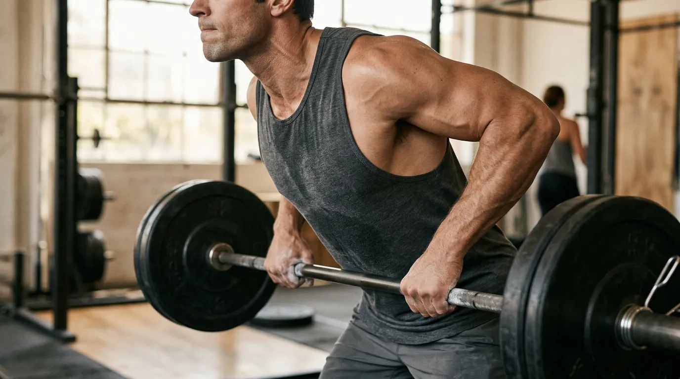 Man lifting a plate-loaded barbell in a gym