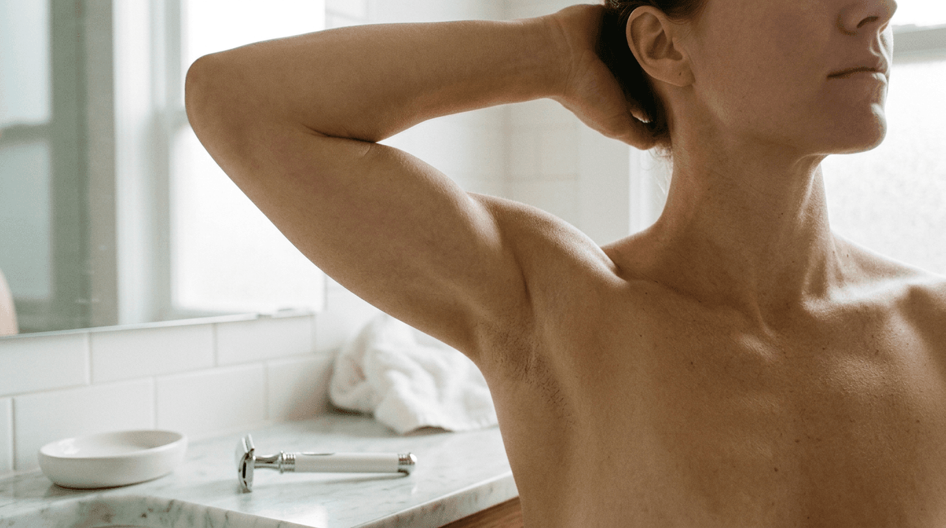Femme se rasant l'aisselle près d'un lavabo, rasoir posé sur le marbre