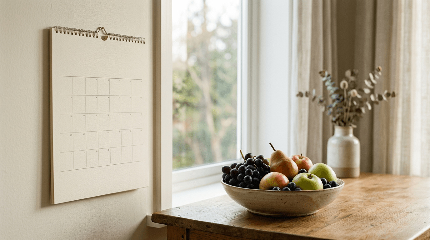 Calendrier mural vierge à côté d'un bol de fruits frais sur une table