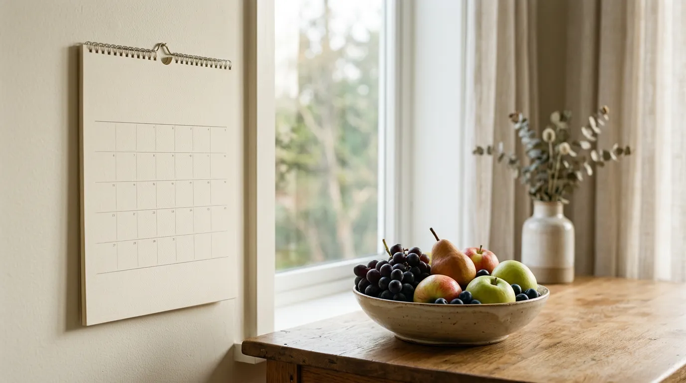 Blank wall calendar next to a bowl of fresh fruit on a table