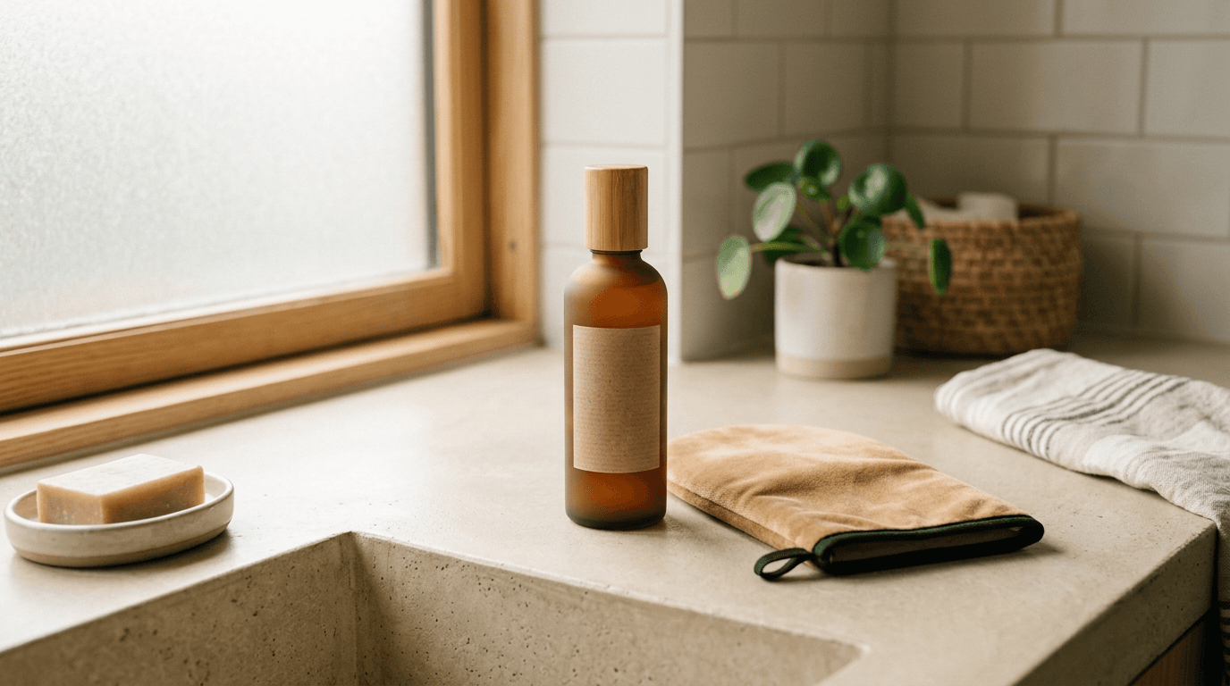 Flacon de soin ambré posé sur une serviette, salle de bain épurée
