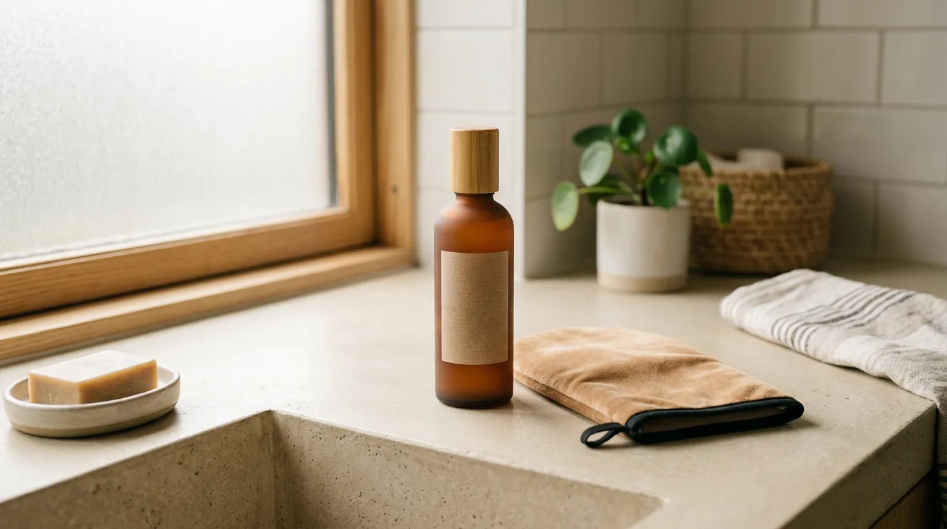 Amber skincare bottle on a towel in a minimal bathroom