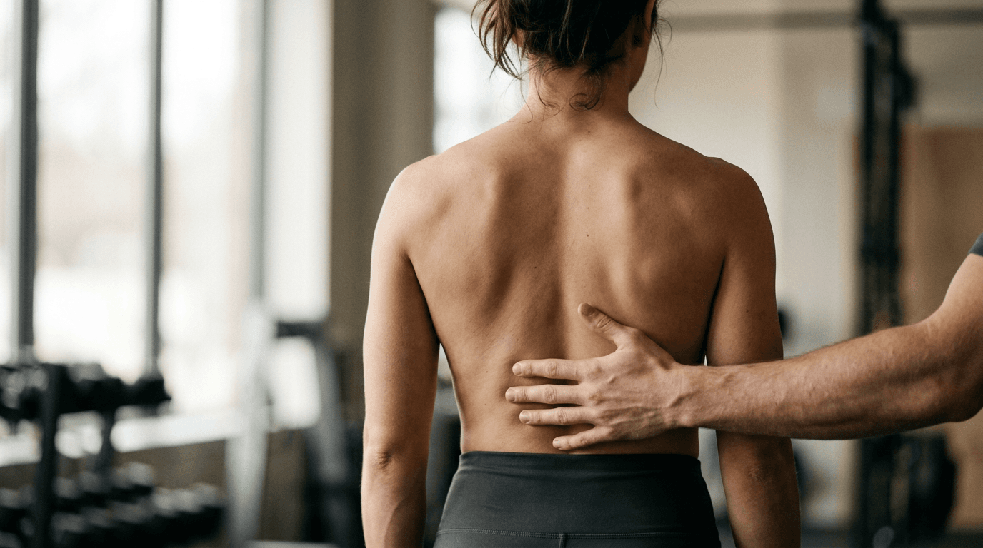 Main posée sur le bas du dos d'une personne en salle de sport