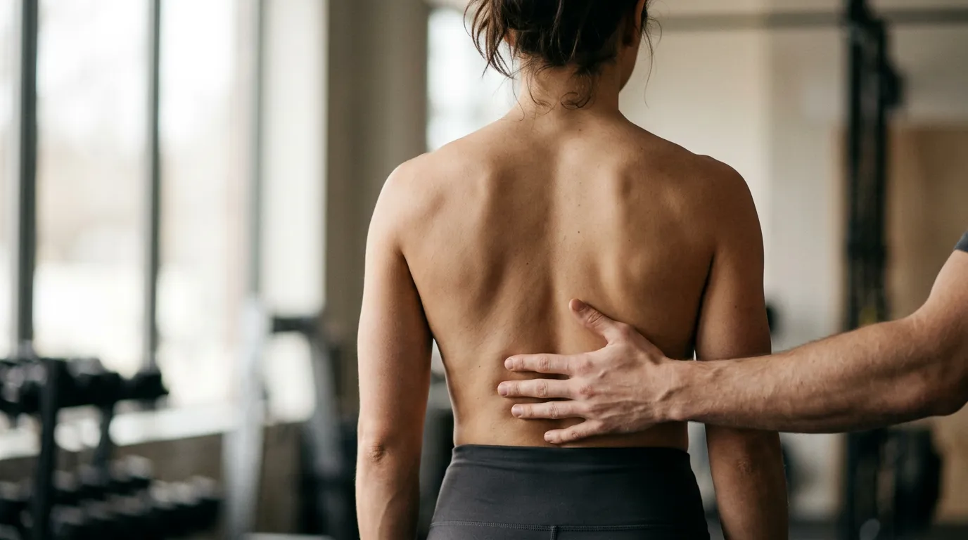 Hand pressed to a person's lower back in a gym