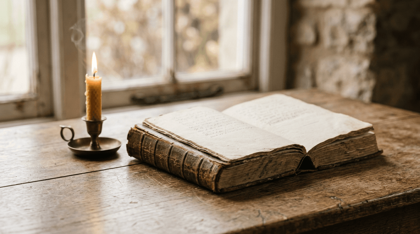Bougie allumée à côté d'un vieux livre relié sur une table en bois