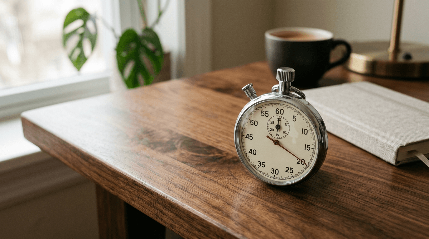 Chronomètre vintage posé sur une table en bois clair, près d'un carnet