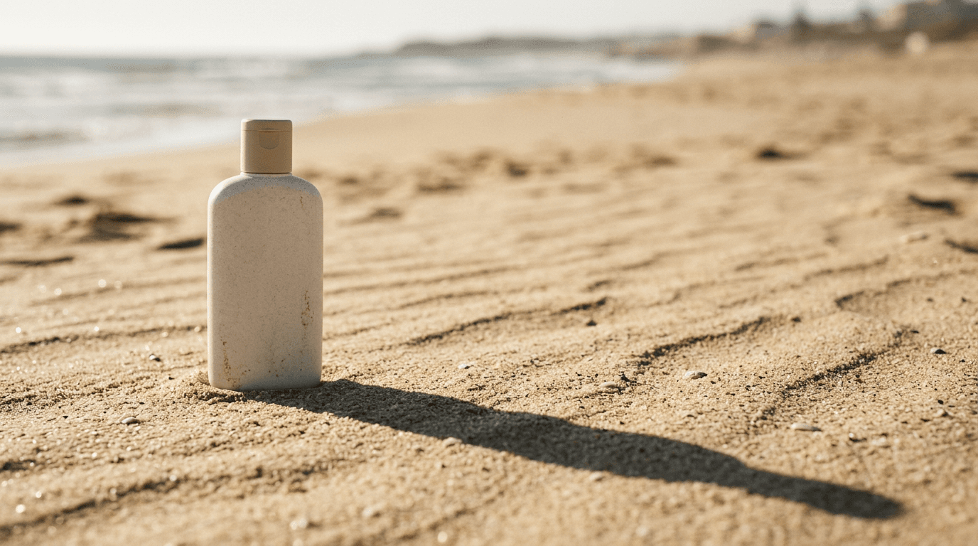 Flacon de crème solaire posé sur le sable, projetant une ombre longue