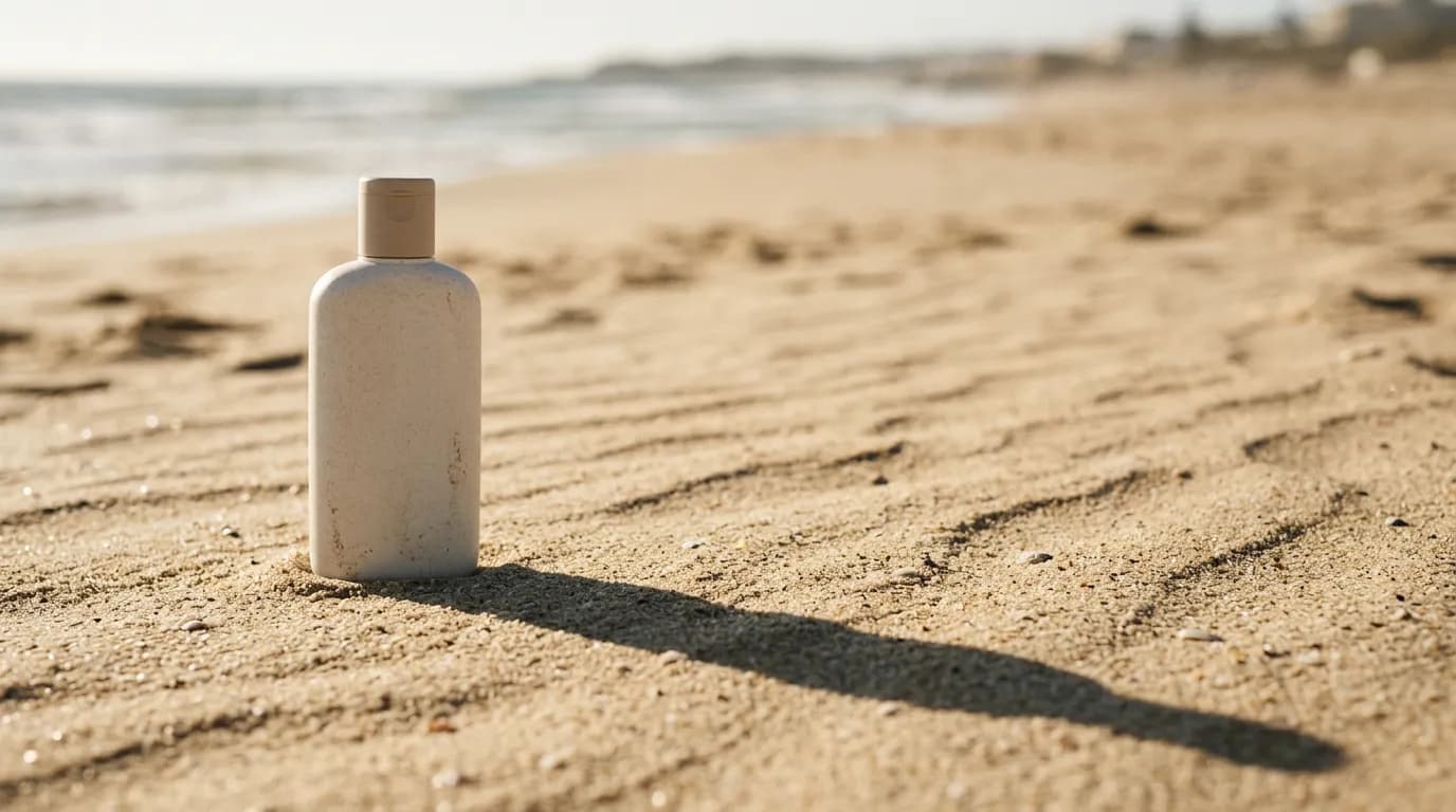 Bottle of sunscreen on the sand casting a long shadow