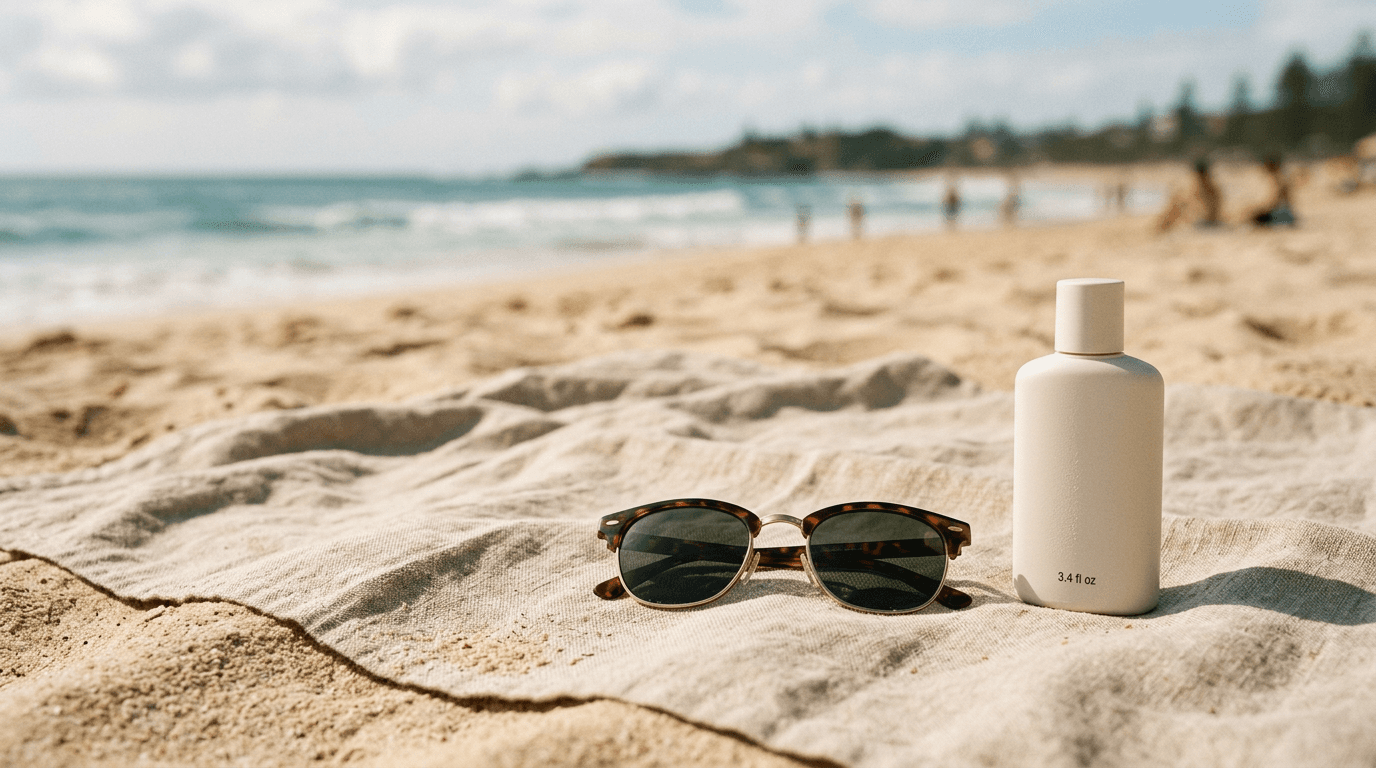 Flacon de crème solaire et lunettes de soleil sur une serviette de plage