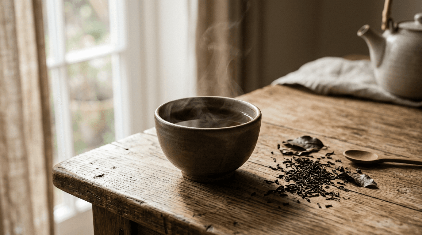 Tasse de thé fumante à côté de feuilles de thé sur une table en bois