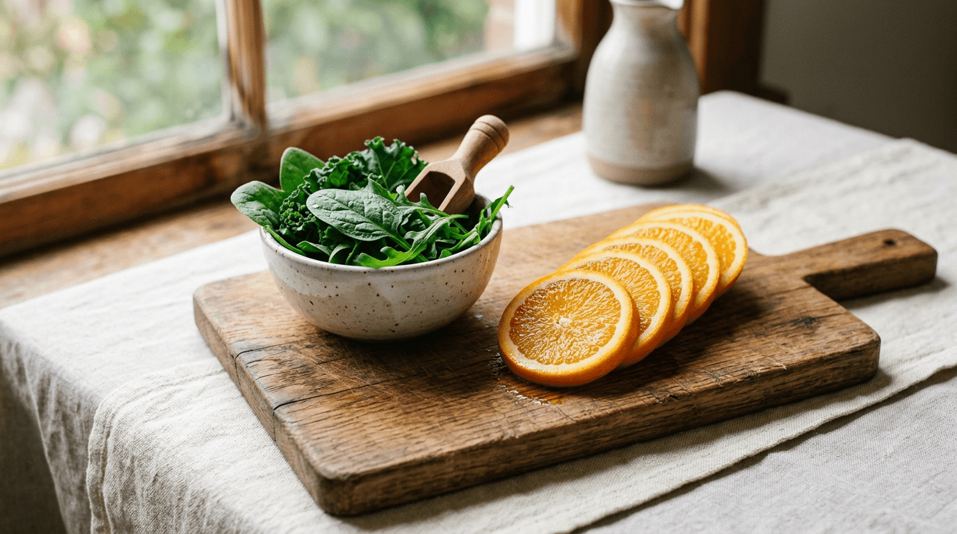 Légumes verts et tranches d'orange sur une planche à découper en bois