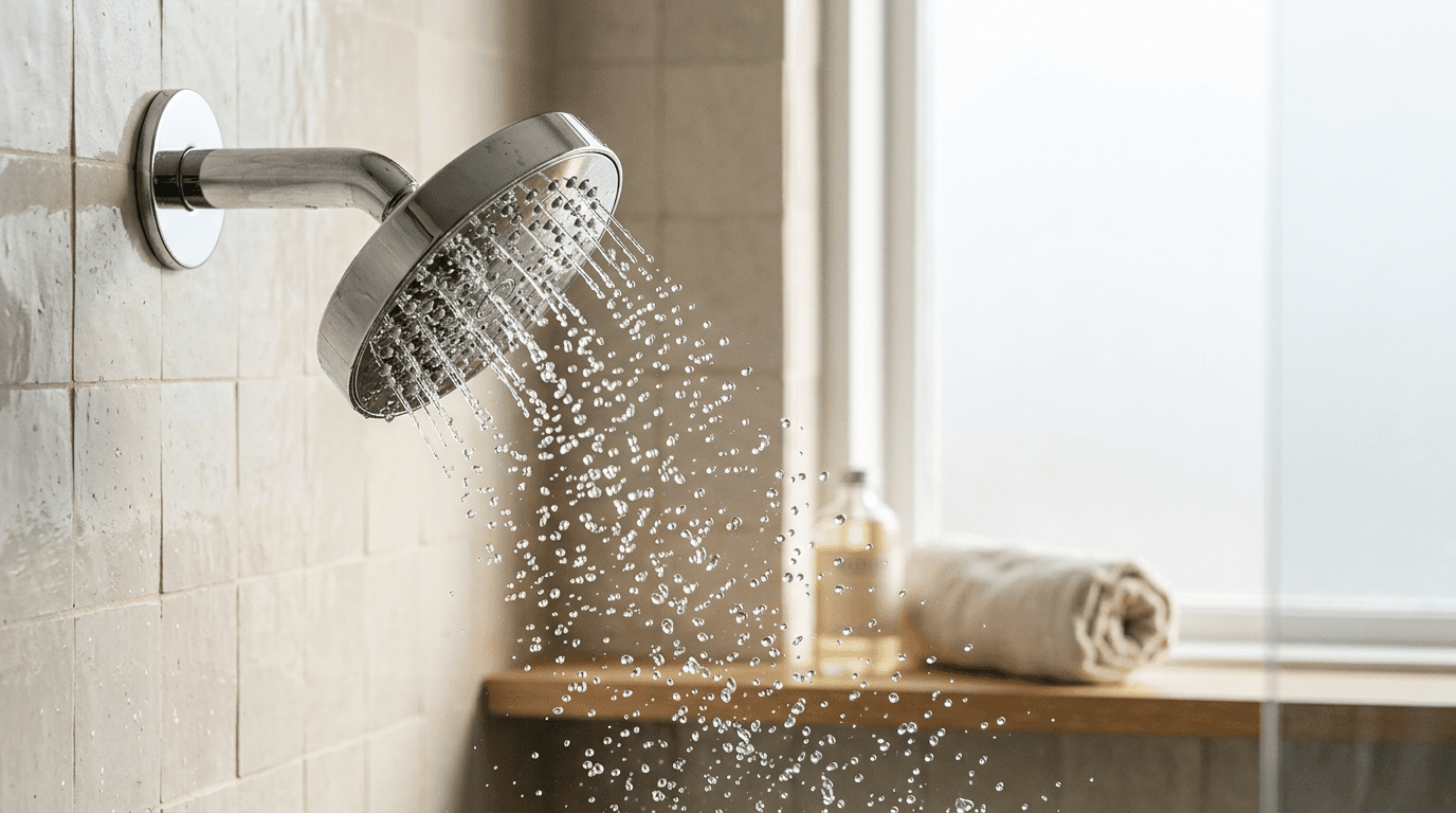 Pommeau de douche avec gouttes d'eau sur un carrelage clair
