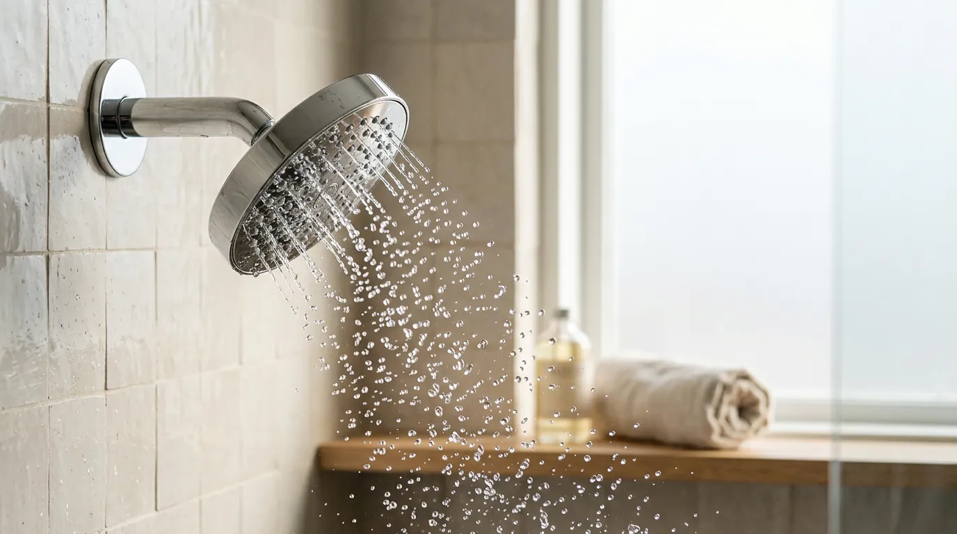 Shower head dripping water against light tiles
