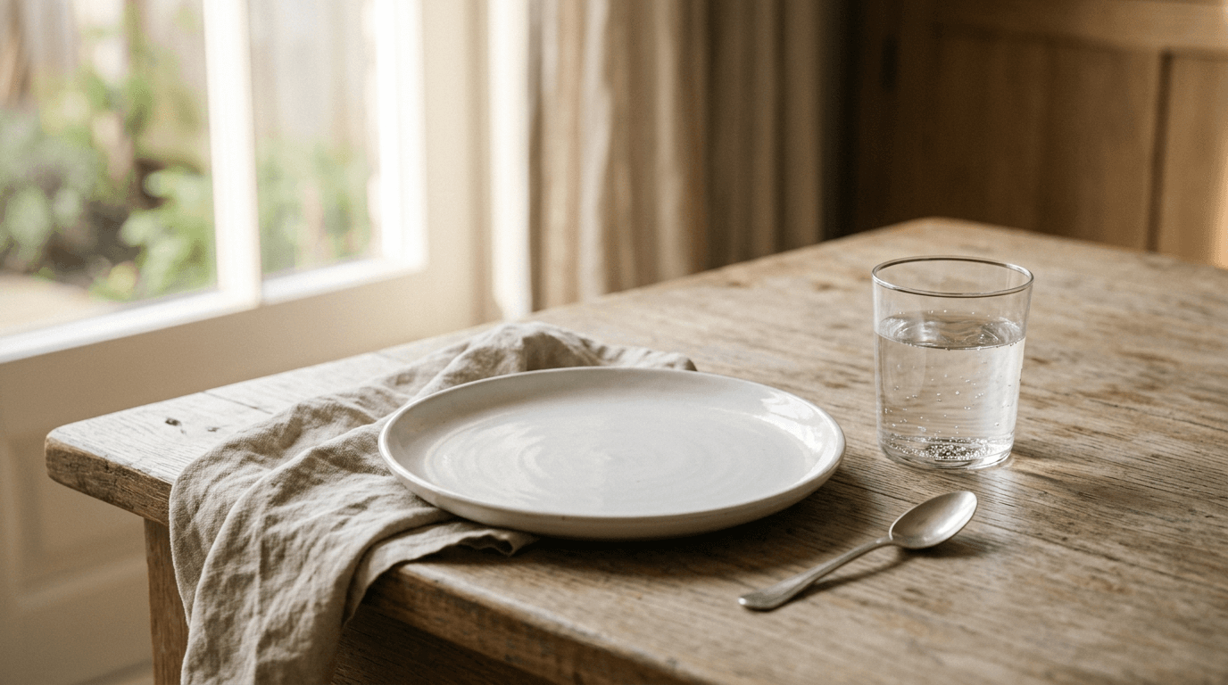 Assiette vide et verre d'eau posés sur une table en bois