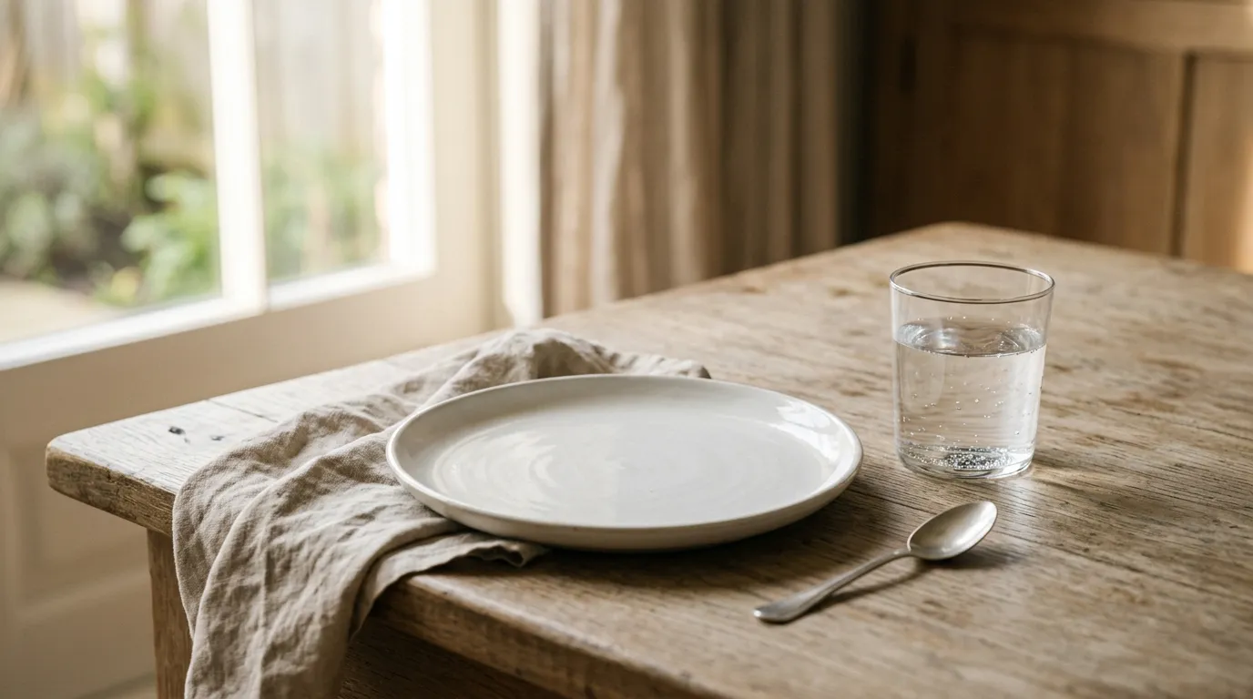 Empty plate and glass of water on a wooden table