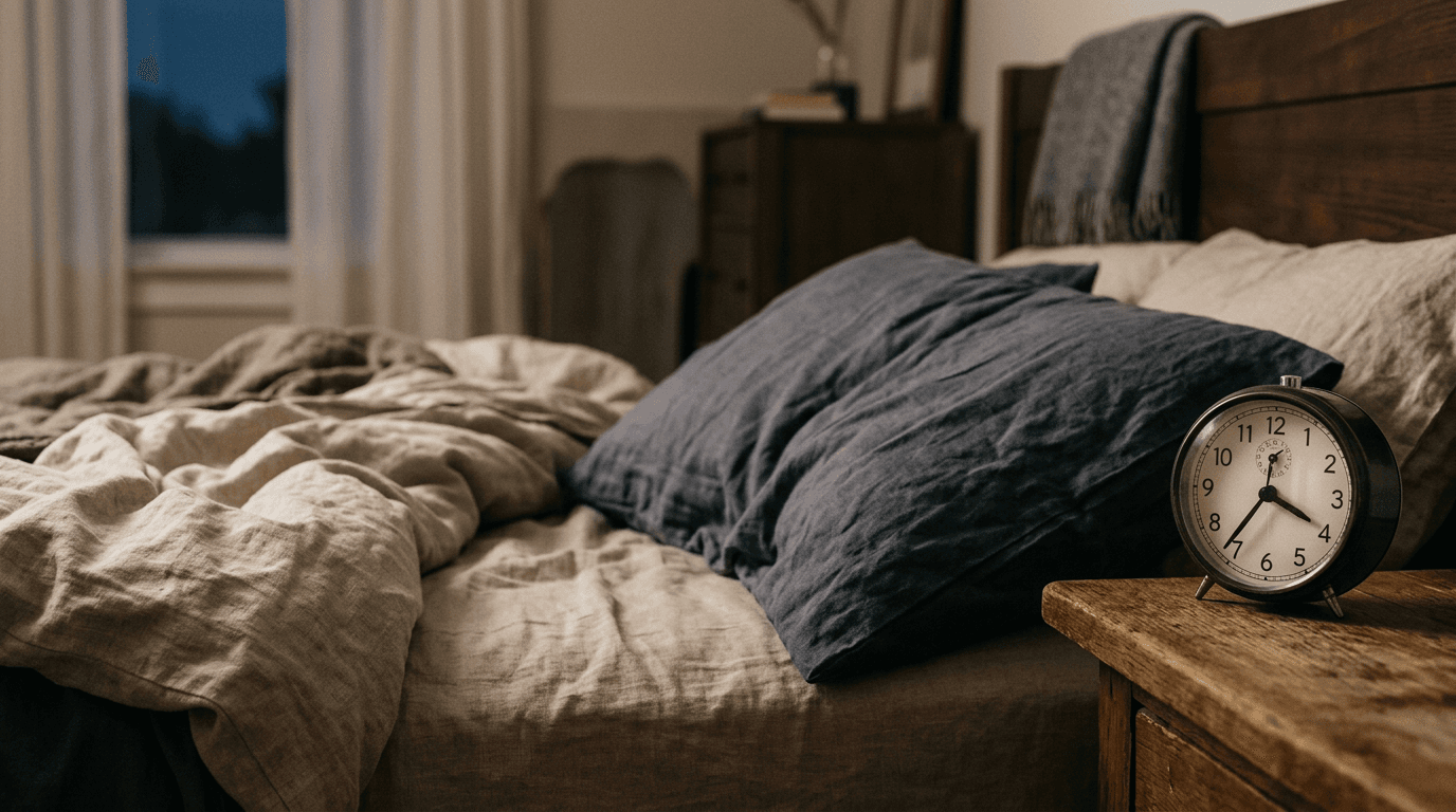 Lit défait avec réveil à l'ancienne sur la table de nuit, chambre tamisée