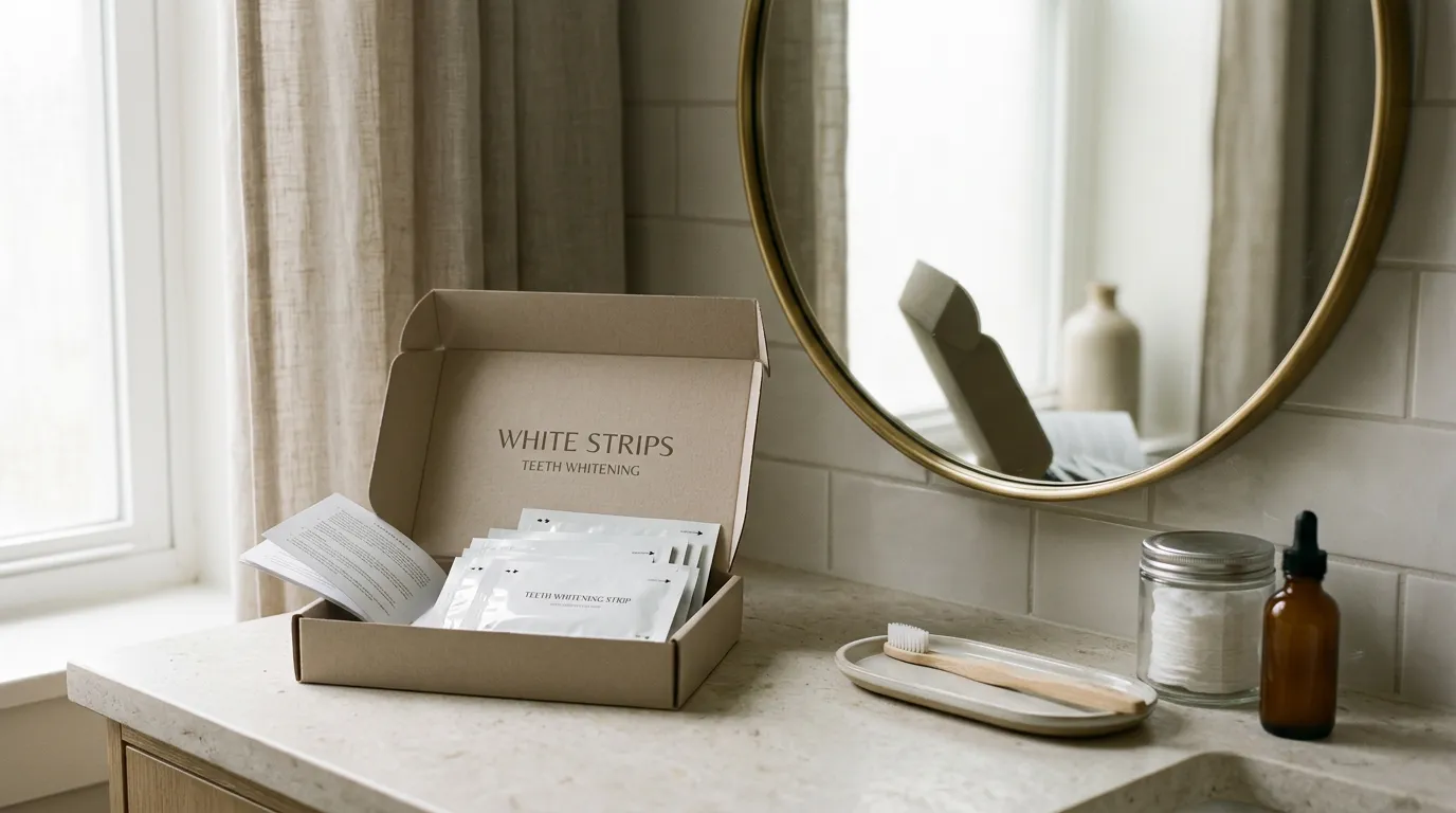 Open box of whitening strips on a bathroom counter
