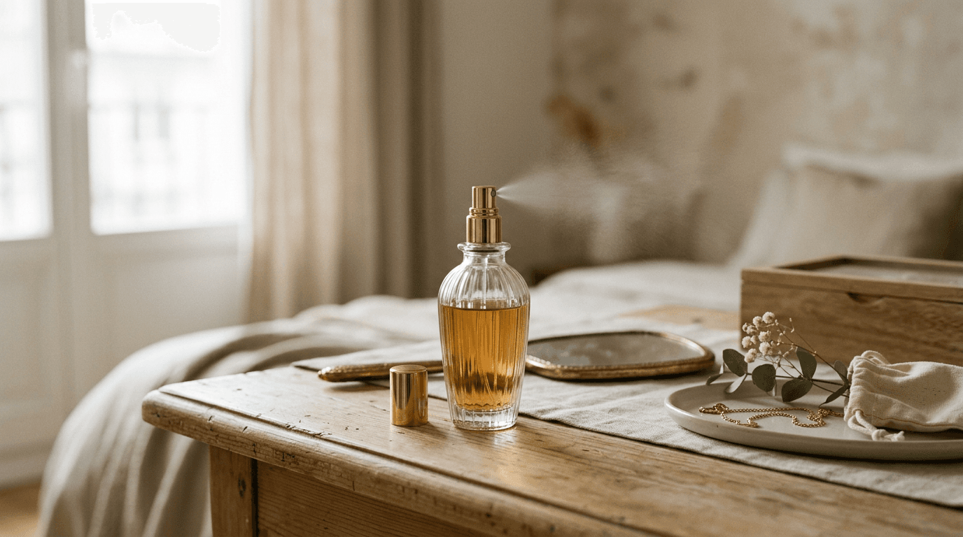 Flacon de parfum vaporisé sur une commode en bois, chambre lumineuse