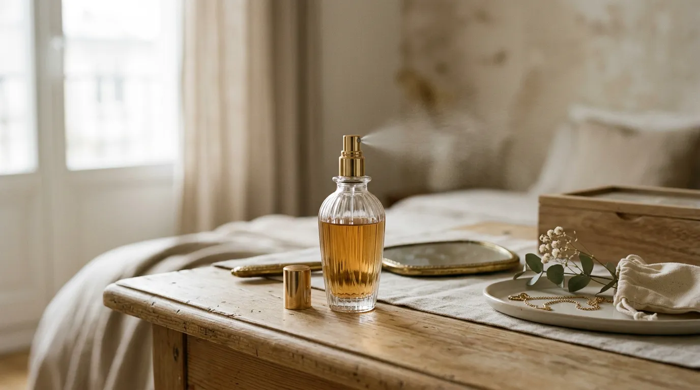Perfume bottle being sprayed on a wooden dresser in a bright bedroom